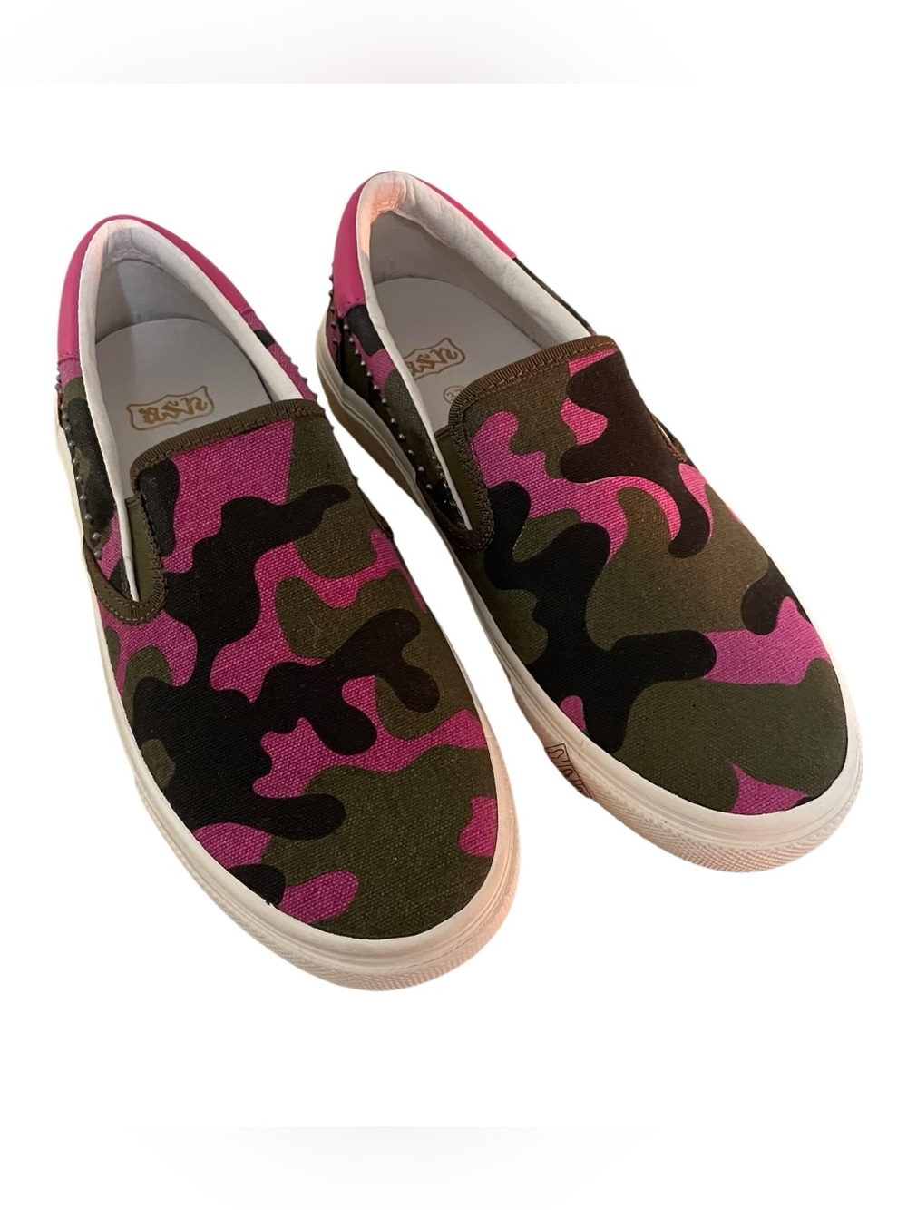 Ash Nikita Bis Camouflage Slip On Sneakers in Pink Green Studded 37